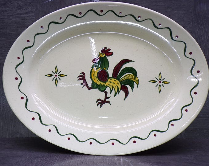 2602 California Provincial Poppytrail 1950's Hand-painted Vintage Rooster 13.75" x 10.25" Oval Platter - Great Cond Couple Light Scratches