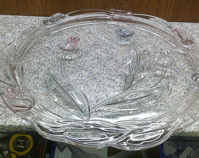2409 Mikasa Juliana Waltherglass Raised Footed 14" Vintage Platter with Embossed Pink & Blue Tulips - Great Condition