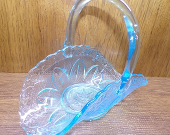 2506 Princess House Aqua Light Blue Glass Vintage 10" Banana Boat Fruit Basket with Handle - Great Condition