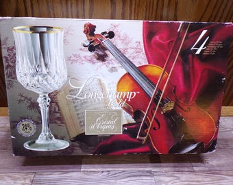 2510 Cristal D'Arques Paris 24% Lead Crystal Long Champ Gold 6.5" 5.75 oz Stemmed Vintage Wine Glass Set of 4 - Great Cond in Orig Box