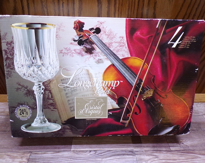 2510 Cristal D'Arques Paris 24% Lead Crystal Long Champ Gold 6.5" 5.75 oz Stemmed Vintage Wine Glass Set of 4 - Great Cond in Orig Box
