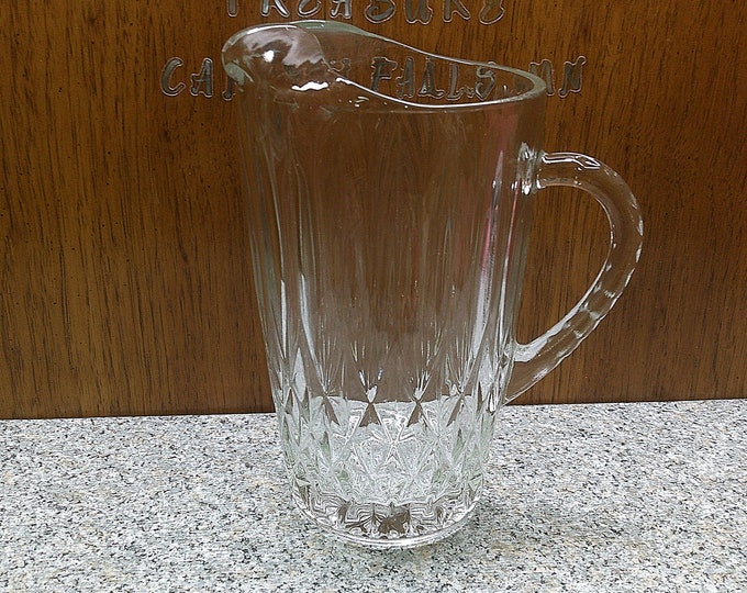 2405 Diamond Optic Pattern Clear Glass Pitcher 9" Vintage w/ Ice Catcher Lip - Great Condition No Chips or Cracks
