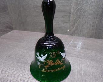 2603 Viking Glass Vintage Green 6" Dinner Bell 35th Anniversary w/ Doves - Great Condition