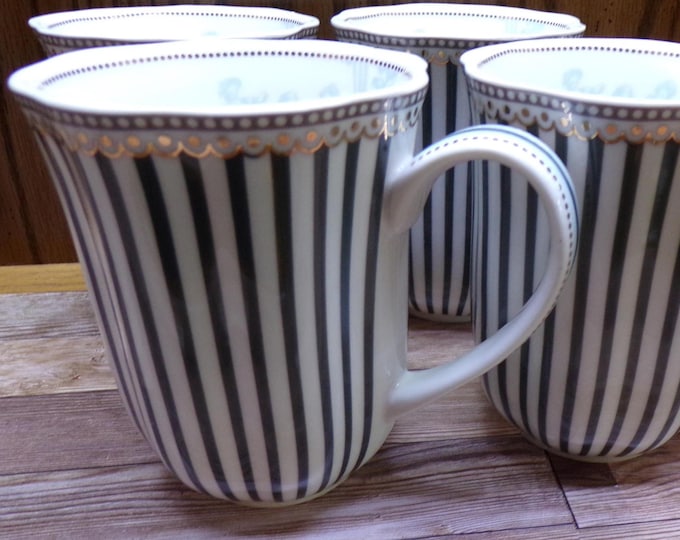 2509 Graces Teaware Josephine 4.25" 12 oz Black Striped Mugs Cups w/ Gold Accents - Excellent Condition