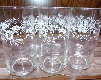 2510 Libbey Glass Colonial Mist White Daisies 16 oz 6" Tumblers Set of 6 - Great Condition