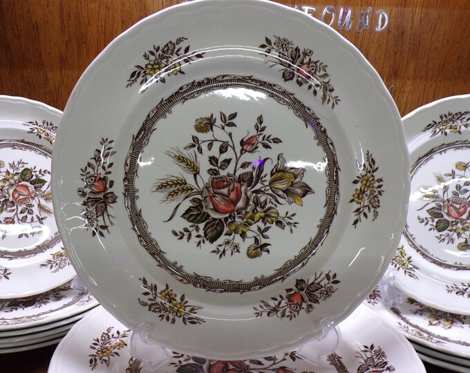 2506 Wood & Sons Rosedale Brown 13 pc Set Hand Engraved Dinnerware Made in England - Good Condition w/Light Scratches and Wear