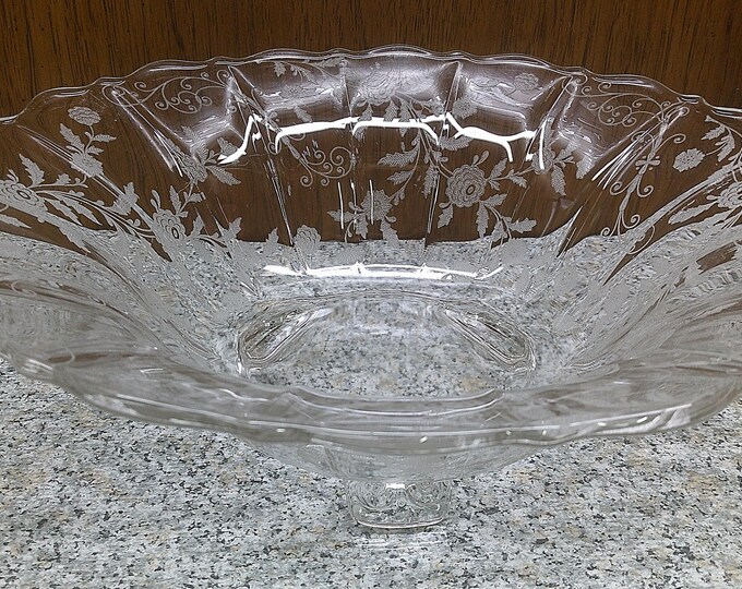 2410 Beautiful Vintage Etched Floral 11.5" Footed Panel Glass Bowl Probably Cambridge or Fostoria Glass - Great Condition