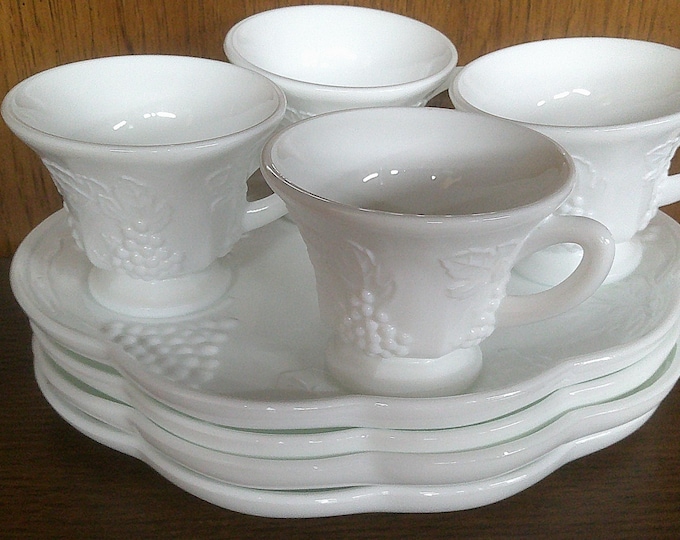 2508 Indiana Glass Colony Milk Glass Harvest Grape C787 Vintage 8 pc Snack Set - (4) Cups & (4) Plates - Great Condition