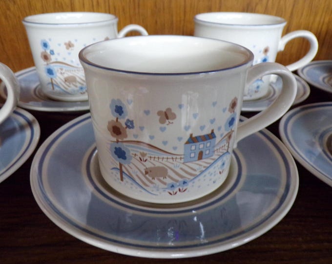 2506 Museum Collection 12 pc Set (6) 8 oz Cups & (6) Saucers Primitif by Hearthside Stoneware - Microwave, Oven, Dish Safe - Great Condition