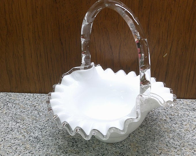 2408 Silver Crest Vintage 7" Glass Basket w/ Clear Handle - Good Condition No Chips or Cracks