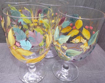 2605 Gibson Shadow Wood Hand Painted 20 oz Footed Glasses Set of 4