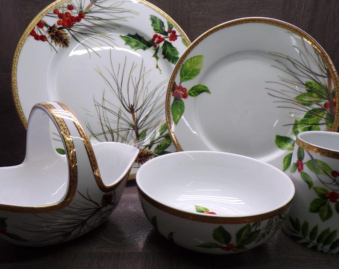 2604 St. Nicholas Square Holiday Laurel Christmas Dinnerware 18kt Gold Band Fine Porcelain Dinnerware - Choose from List: