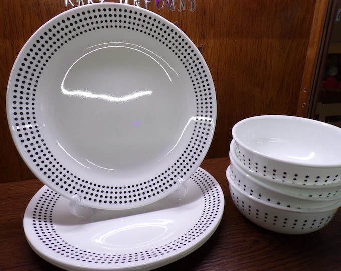 2504 Corelle Bayside Black Dots - Black Dots on White Dinnerware - Great Condition