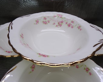 2602 Pope-Gosser Florence Vintage 7" Cereal / Soup Bowls Set of 4 Pink Rose China w/ Gold Rim Made in USA - Great Condition