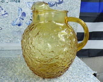 2207 Anchor Hocking Lido Milano Honey Gold Amber 9" Crinkle Glass Vintage Ball Pitcher w/ Ice Catcher Spout - Great Condition