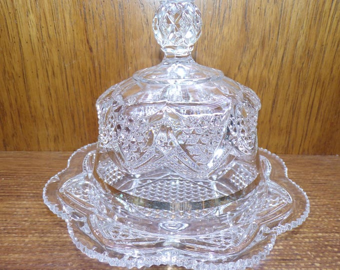 2506 Crystal 7.5" Covered Butter Dish with Dome Lid - Good Condition 2 Hard to See Chips on Base Plate.