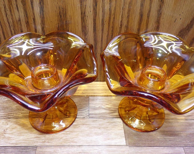 2508 Pair of Viking Glass Vintage Amber Petal Design Footed Taper Candle Holder 4.75" Wide x 3.5" Tall - Great Condition