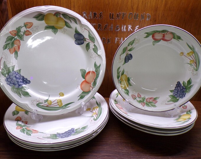 2501 Gibson Designs Festival Fruit Pattern Stoneware Brown Rim - Great Condition Light Scratches Choose from List: