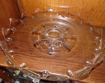 2507 Indiana Glass Vintage 13" Clear w/ Blue Teardrop Glass Footed Cake Tray Platter w/ Raised Scalloped Rim - Pre-owned Good Condition