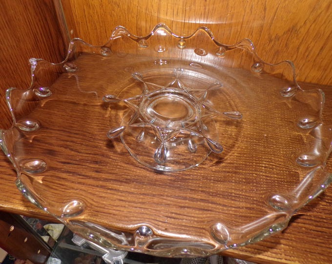 2507 Indiana Glass Vintage 13" Clear w/ Blue Teardrop Glass Footed Cake Tray Platter w/ Raised Scalloped Rim - Pre-owned Good Condition