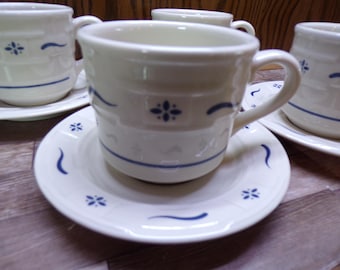 2510 Vintage Longaberger Pottery USA 8 pc Set Woven Traditions 4 Cups & 4 Saucers Blue on Ivory Oven, Micro, Dish Safe- Great Condition