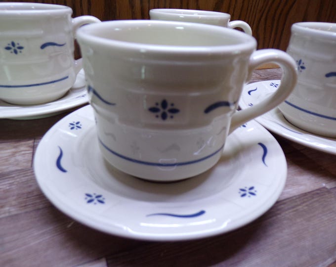 2510 Vintage Longaberger Pottery USA 8 pc Set Woven Traditions 4 Cups & 4 Saucers Blue on Ivory Oven, Micro, Dish Safe- Great Condition