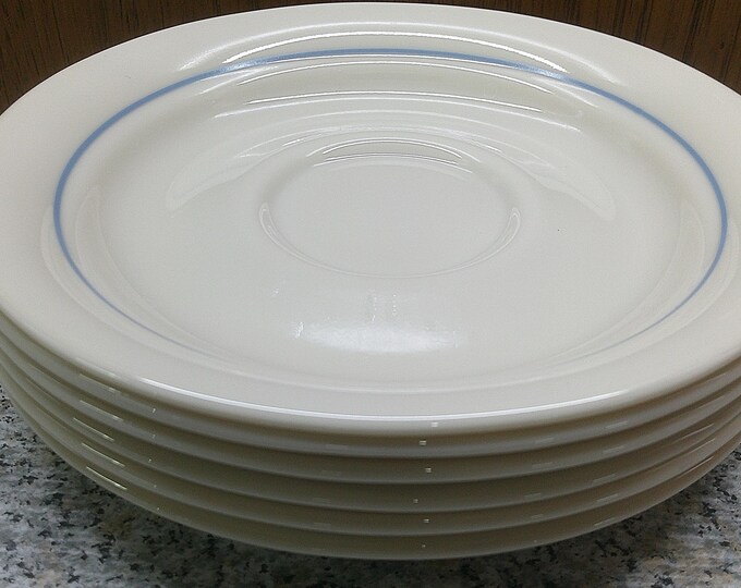 2407 Corelle by Corning Cream Color 6" Saucers with Light Blue Stripe Set of 6 - USA- Great Condition No Chips or Cracks