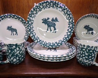 2506 Folk Craft Moose Country Green Sponge Vintage Stoneware by Tienshan - Good Condition Scratches in Center No Chips - Choose From List: