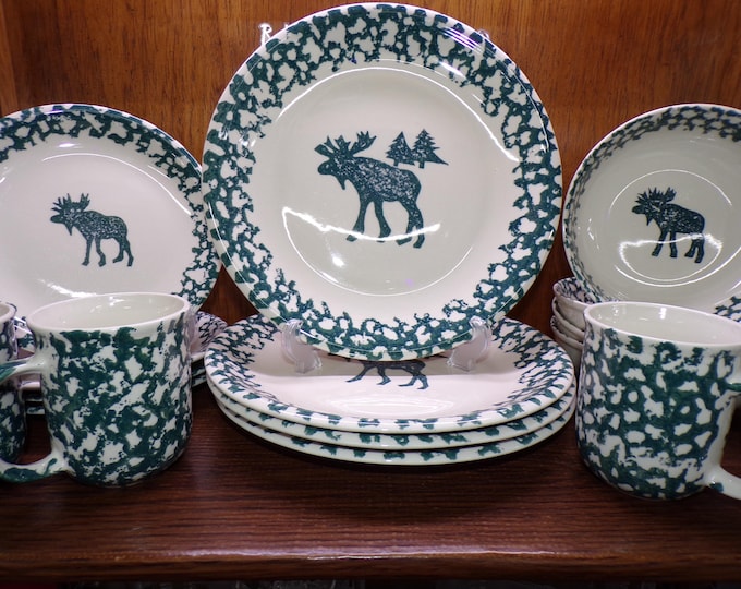 2506 Folk Craft Moose Country Green Sponge Vintage Stoneware by Tienshan - Good Condition Scratches in Center No Chips - Choose From List: