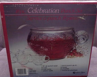 2606 Indiana Glass Celebration 18 pc Vintage Clear Glass Punch Bowl Set