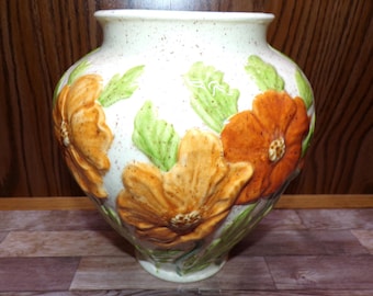 2511 Beautiful Vintage Ceramic Vase / Pot 8" Tall x 7.5" Wide Green & Orange Floral on Speckled Beige - Great Condition No Excessive Wear