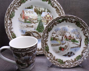 2608 Gibson Home Christmas Toile Antiqued Look Dinnerware - Choose: