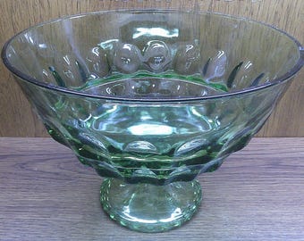 2411 Hazel Atlas Reflections Vintage Thumbprint Avocado 10" Centerpiece Footed Fruit Bowl - Good Condition Light Scratches