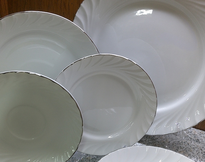 2407 Norleans China Estate Vintage White Swirl Platinum Rim - Good Condition Some Light Scratches Choose from List: