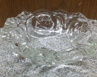 2410 Pasari Crystal Indonesia Clear Rose Pattern 8" Crystal Glass Vintage Ashtray - Excellent Condition