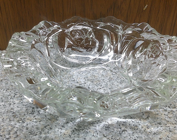 2410 Pasari Crystal Indonesia Clear Rose Pattern 8" Crystal Glass Vintage Ashtray - Excellent Condition