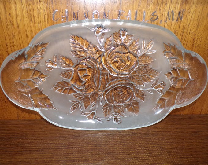 2209 KIG Glass Bella Flor Vintage Frosted Satin 15"x8" Serving Tray platter with Embossed Roses Made in Malaysia - Pre-owned Great Condition