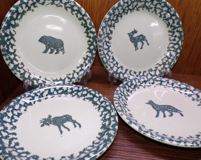 2506 Folk Craft North Country Stoneware Green Sponge 7.5" Salad / Snack Plates Set of 4 by Tienshan - Deer, Wolf, Bear & Moose - Great Cond.
