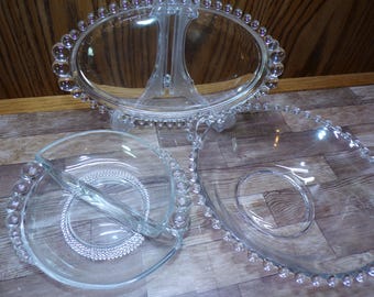 2511 Imperial Glass Candlewick Beaded Rim Clear Glass Dishes - 9"x5" Oval Tray, 6" Divided Dish & 7" Double Handle Bowl - Great Condition