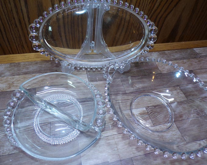 2511 Imperial Glass Candlewick Beaded Rim Clear Glass Dishes - 9"x5" Oval Tray, 6" Divided Dish & 7" Double Handle Bowl - Great Condition