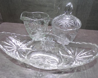2605 Anchor Hocking Prescut 4 pc Vintage Star of David Set - 9" Banana Boat Dish, Creamer, Sugar Dish w/ Lid