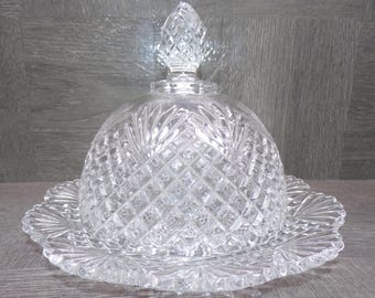 2603 Beautiful Pineapple Fan Pattern Pressed Glass Cheese Cloche / Covered Butter Dish 7.5" Wide x 6" Tall - Great Condition
