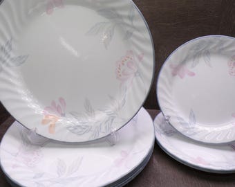 2605 Corelle Pink Trio Blossom Dinnerware (6) 10.25" & (4) 7.25" Plates Light Scratches Light Chipping on Blue Rim