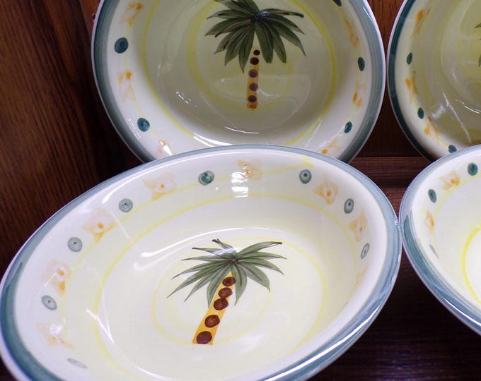 2506 Elegant Dining Palm Tree 8.25" Stoneware Bowls Set of 4 - Good Condition