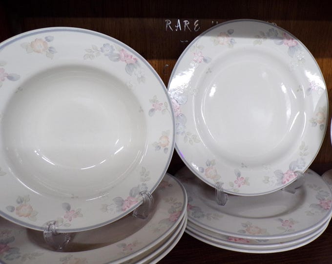 2506 Pfaltzgraff Wyndham Stoneware Set of 12 Pink Roses- 4 each 9" Rimmed Bowls, 10.5" & 8.25" Plates - Pretty Good Cond. Some Wear No Chips
