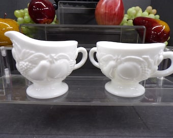 2304 Westmoreland Della Robbia Milk Glass 3" Vintage Sugar Dish & Cream Pitcher - Mixed Fruit - Good Condition No Chips or Cracks