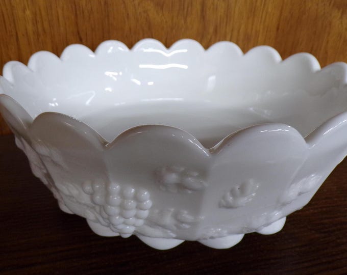 2506 Westmoreland Vintage Milk Glass 11" Raised Grape and Leaf Footed Scalloped Rim Bowl - Great Condition