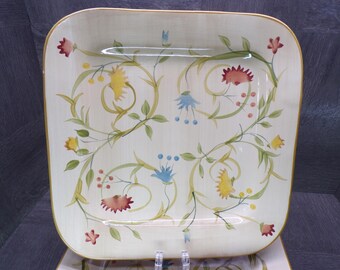 2602 Home American Simplicity Hand-painted 11" Square Dinner Plates Set of 4 - Good Condition Tiny nic in Paint on 1 Rim