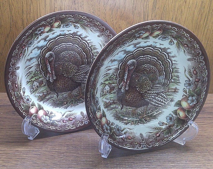 2501 Victorian English Pottery 7" Thanksgiving Turkey Salad, Soup, Cereal Bowls Set of 2 by Edward Challinor Made in England- Excellent Cond