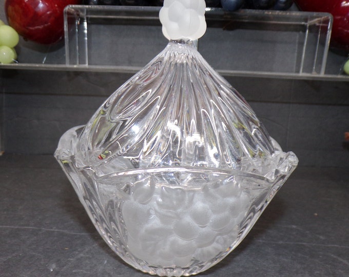2307 Frosted Grapes Crystal Trinket / Candy Dish with Lid Vintage 5.5" Tall x 5" Wide - Good Condition No Chips or Cracks
